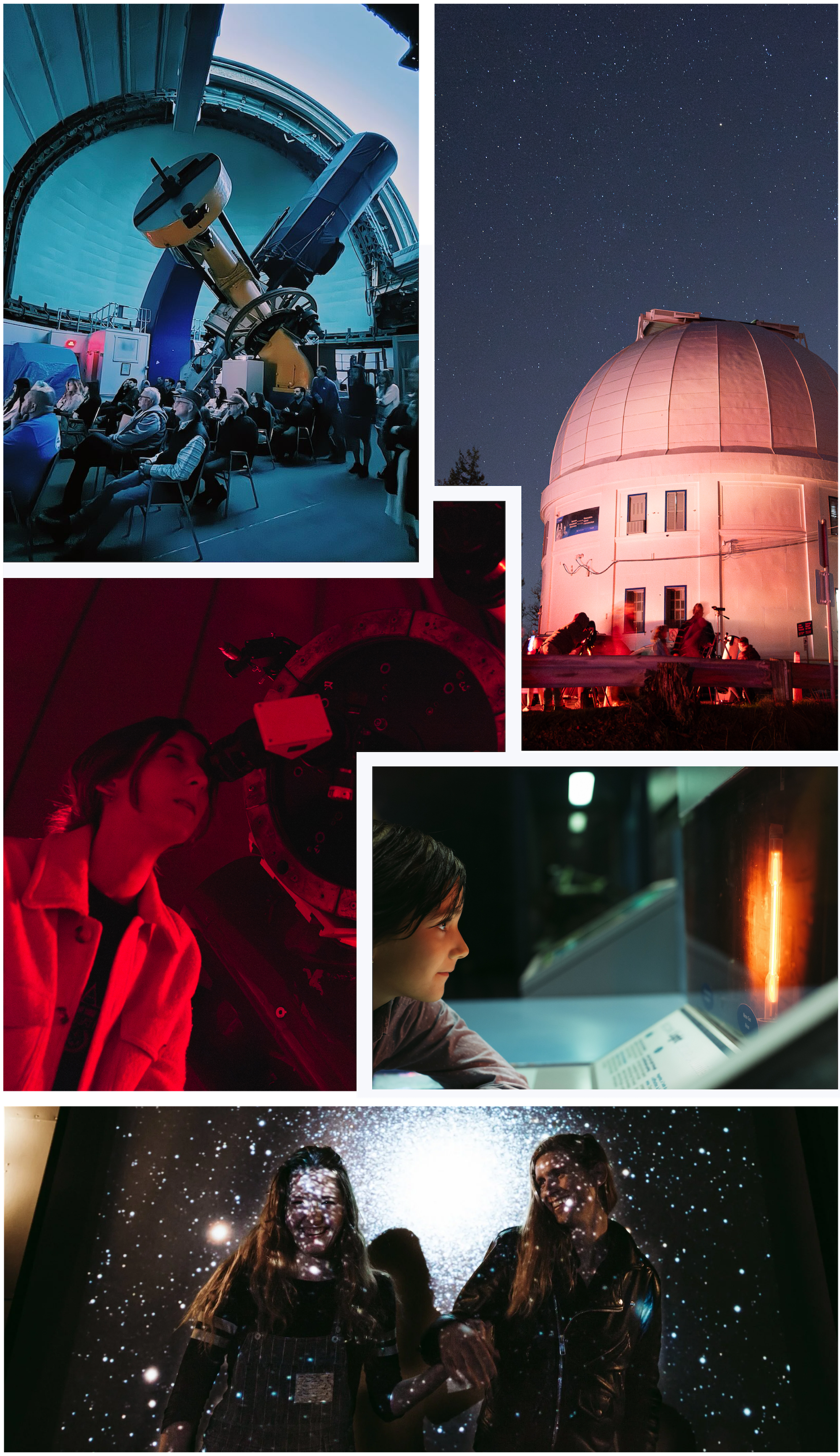 A collage of photos taken at an observatory showcasing different activities. The images include people sitting in a lecture hall with a telescope, a large white observatory dome at night, a person looking through a telescope, children engaging with educational displays, and two young women posing under a starry background projected on a wall.