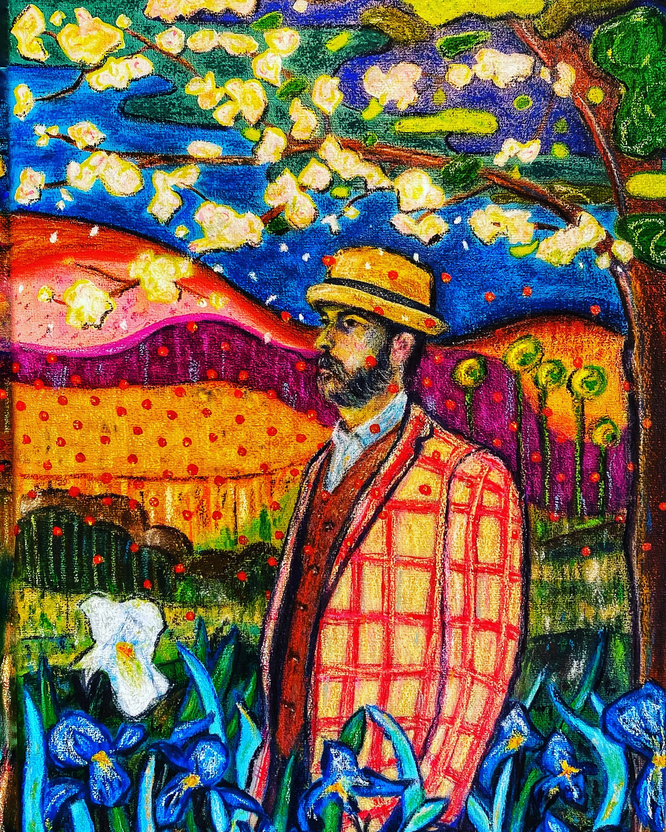 André und die blauen Blumen | 30 x 40 cm | Ölfarbe und Pastell-Kreide auf Leinwand