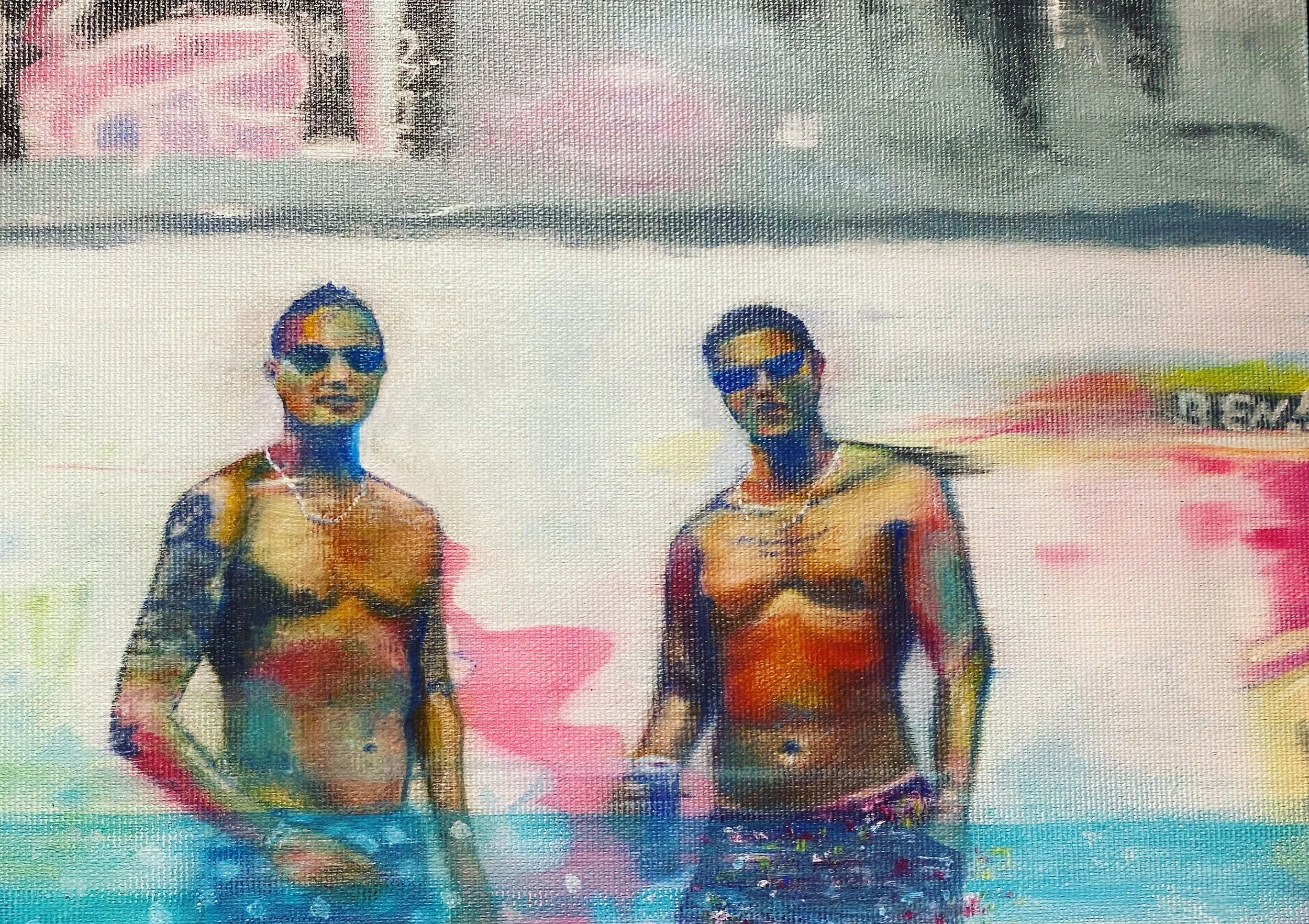 Schwimmbadhelden | 30 x 25 cm | Ölfarbe und Pastell-Kreide auf Leinwand