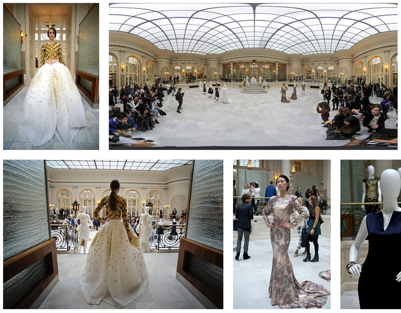 Zwei Fotos von einer Modenschau Kilian Kerner in einem eleganten Museum mit großen Fenstern und Glaskuppeldecke, auf denen Models in schicken Abendkleidern und Mannequins präsentiert werden.