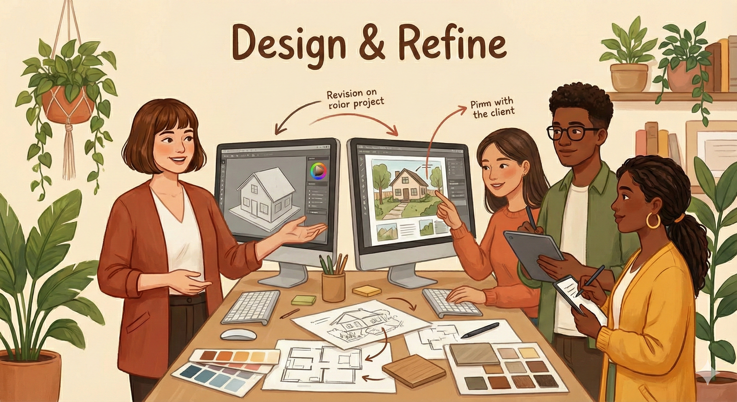 A team of four people collaborating in an office, discussing house design on two computer monitors, surrounded by plants, books, and design materials, with the text "Design & Refine" in the background.