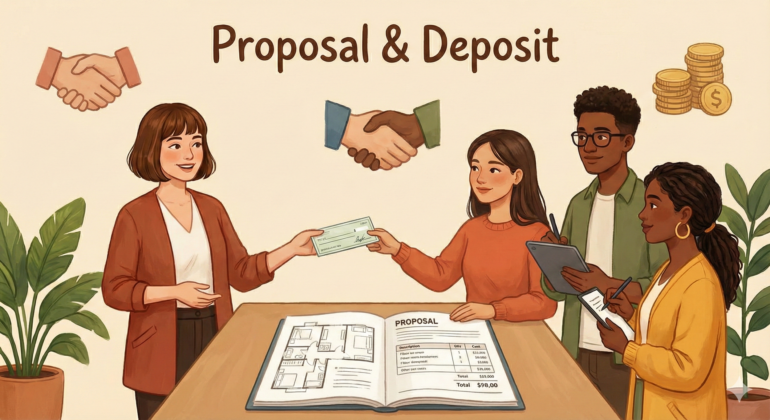 Illustration of a real estate proposal and deposit scene with four diverse people exchanging documents and discussing, with a house plan open on the table, and symbols of handshake, coins, and money in the background.