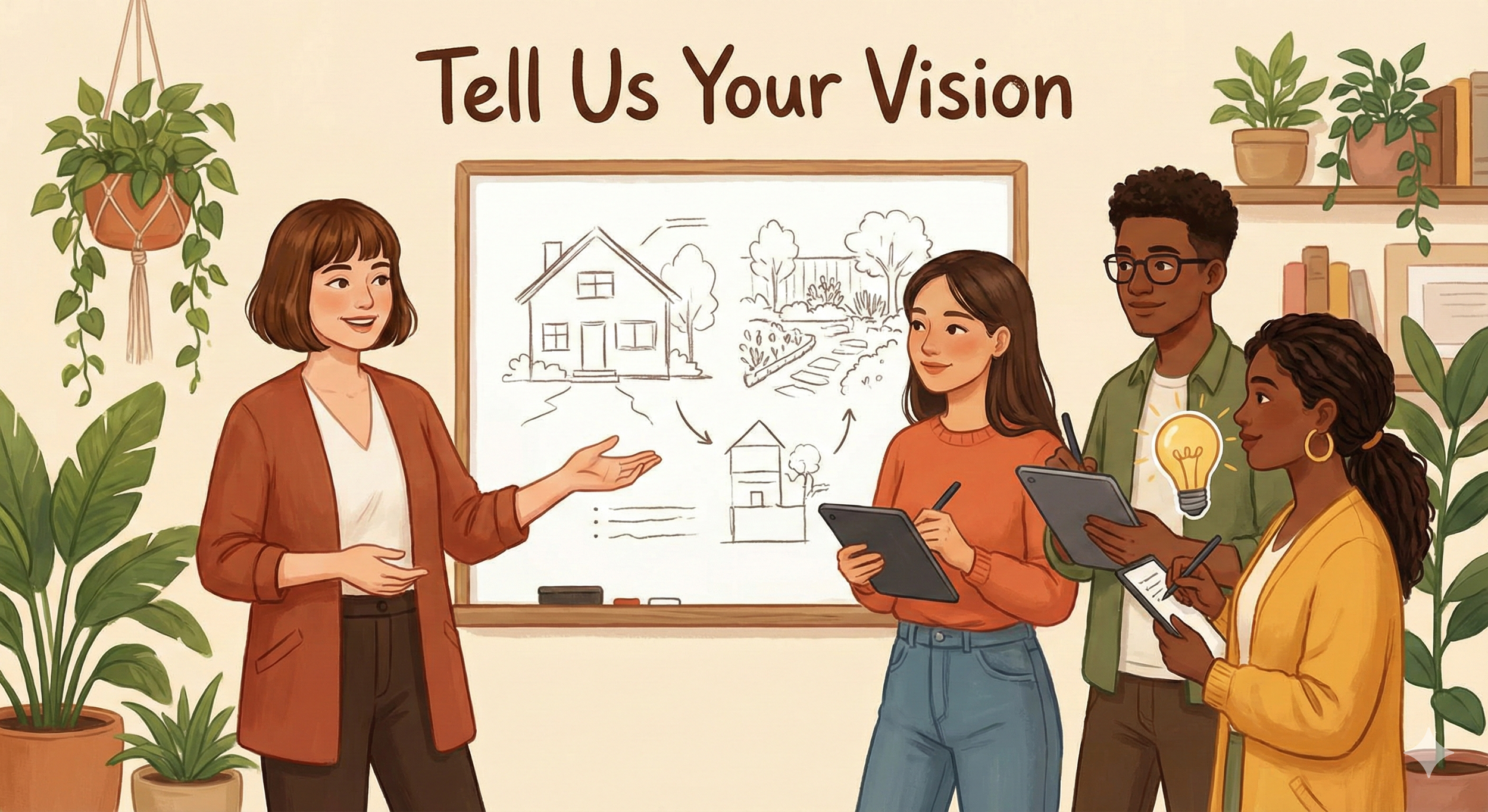 A woman is leading a discussion with three other diverse individuals in a room with plants and bookshelves, during a presentation about visions, drawn on a whiteboard behind them.