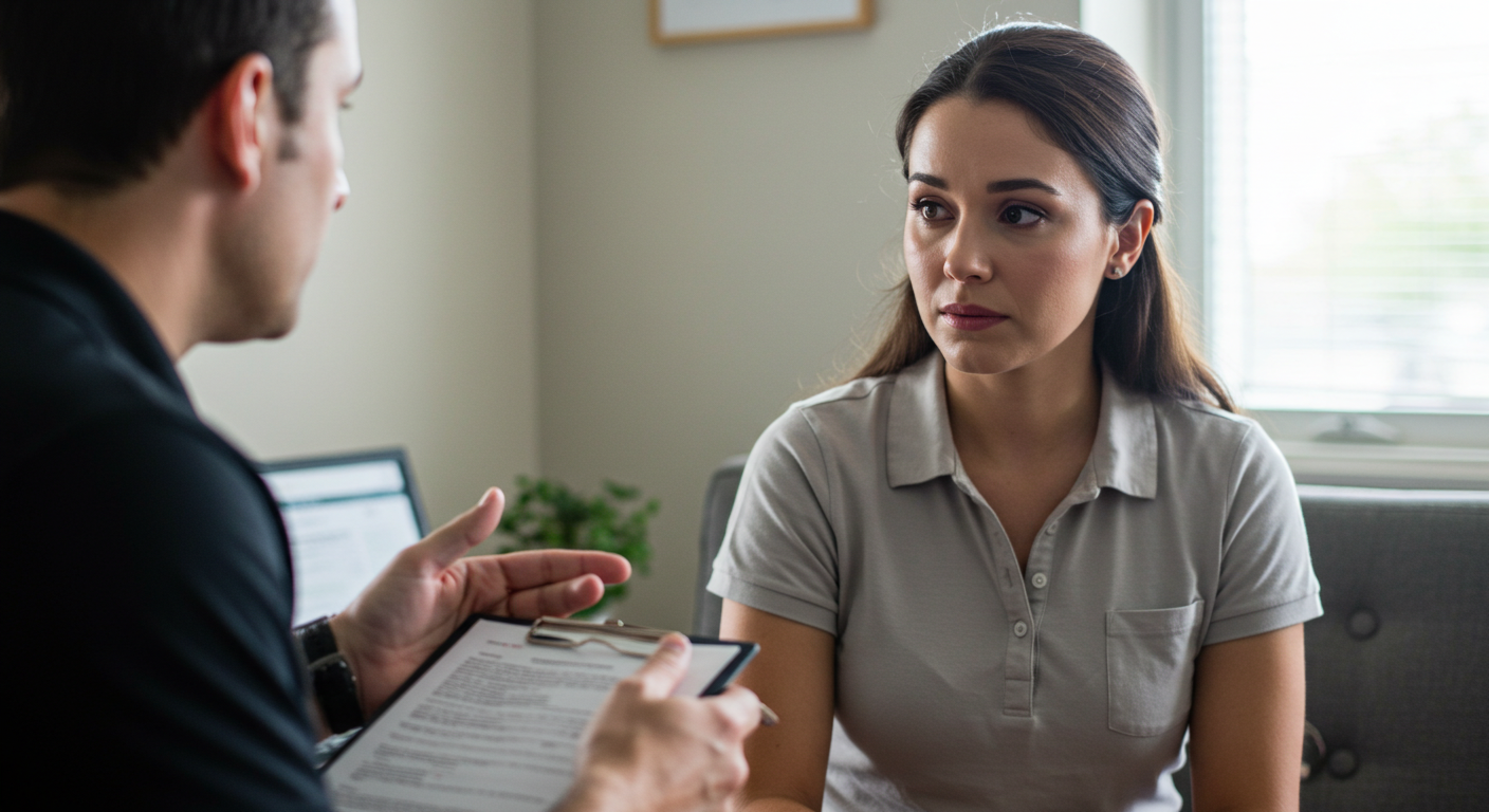 A woman in a gray shirt listening to a man holding a clipboard and explaining something to her in an office setting.