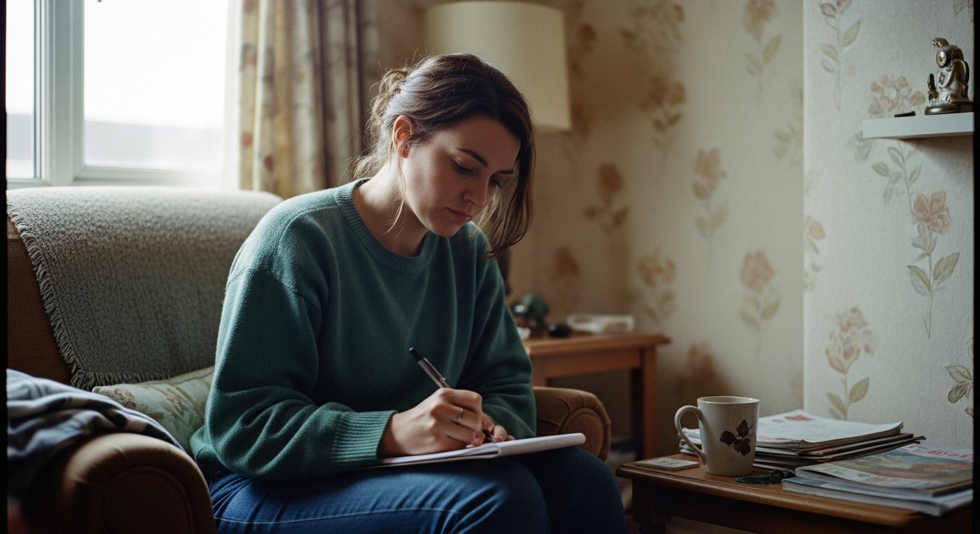 A woman sitting on a couch, writing or drawing in a notebook, with a mug and magazines on a table next to her, in a cozy room with floral wallpaper.