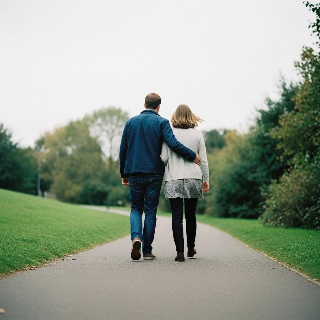 A man and woman walking together on a park pathway, with the man’s arm around the woman’s shoulders.