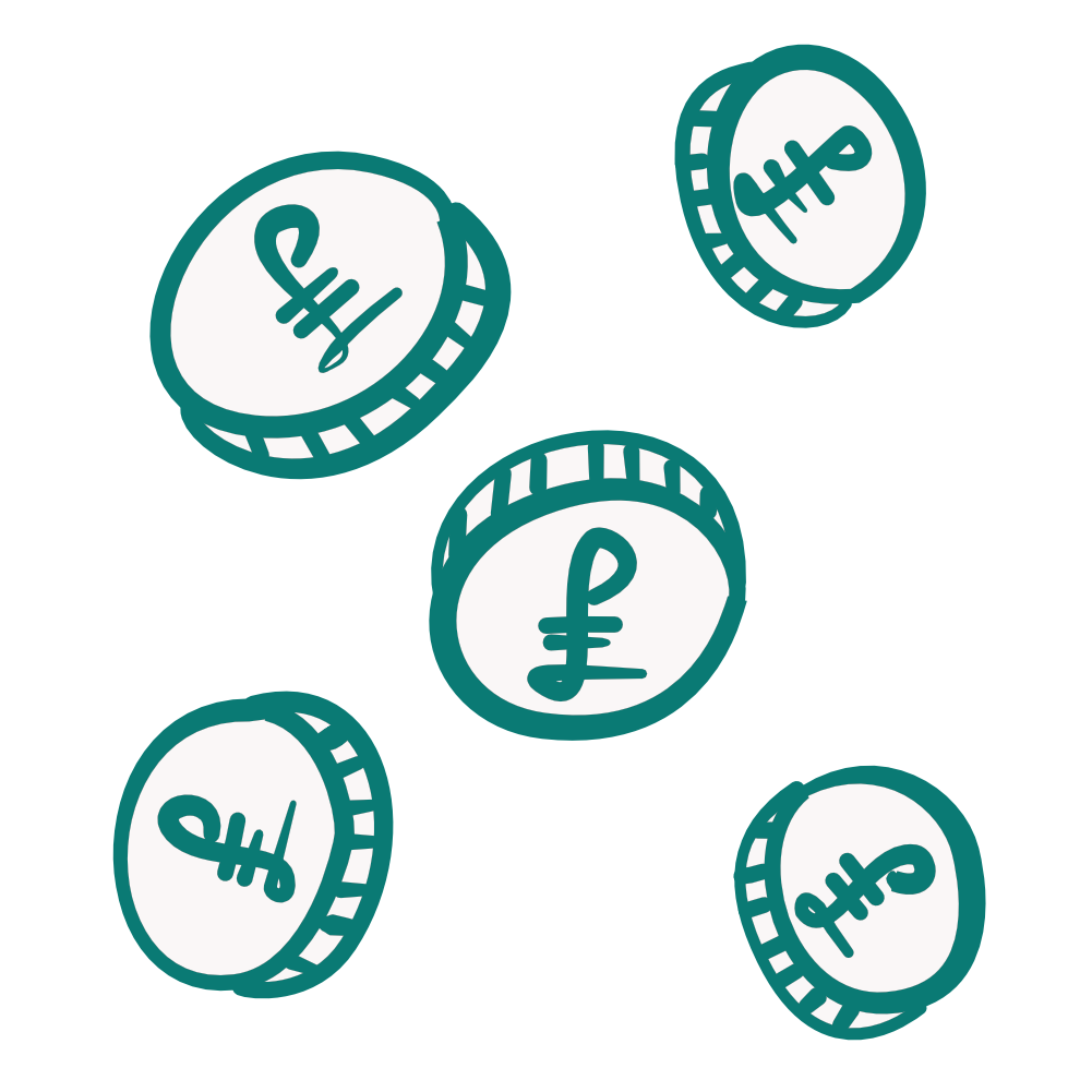 Illustration of falling coins with currency symbols.