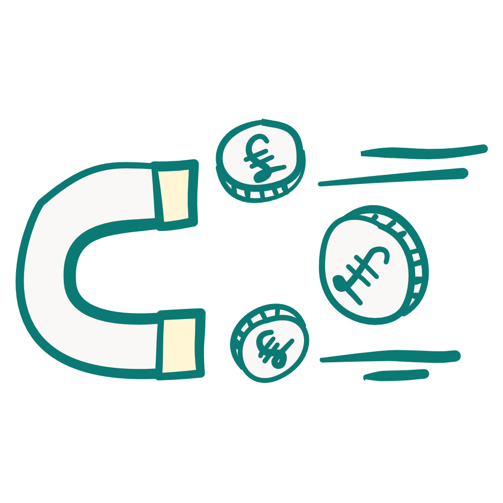 Illustration of a horseshoe magnet attracting coins with Euro and dollar symbols, representing financial attraction or investment.
