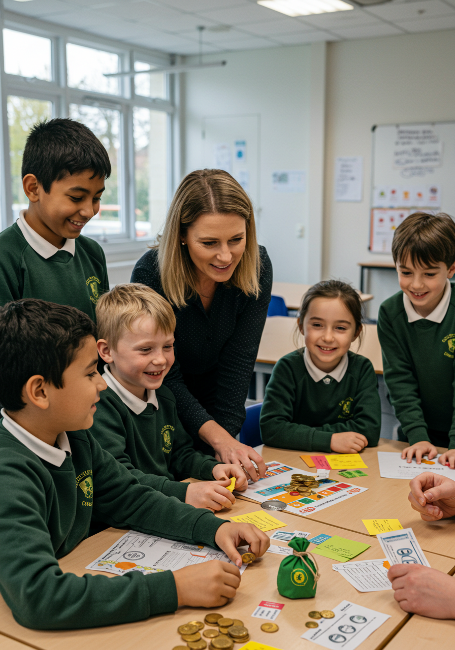 A teacher and six students in green uniforms are gathered around a table in a classroom, playing Monopoly with game pieces, paper money, and a bag of coins, smiling and engaging in the game.