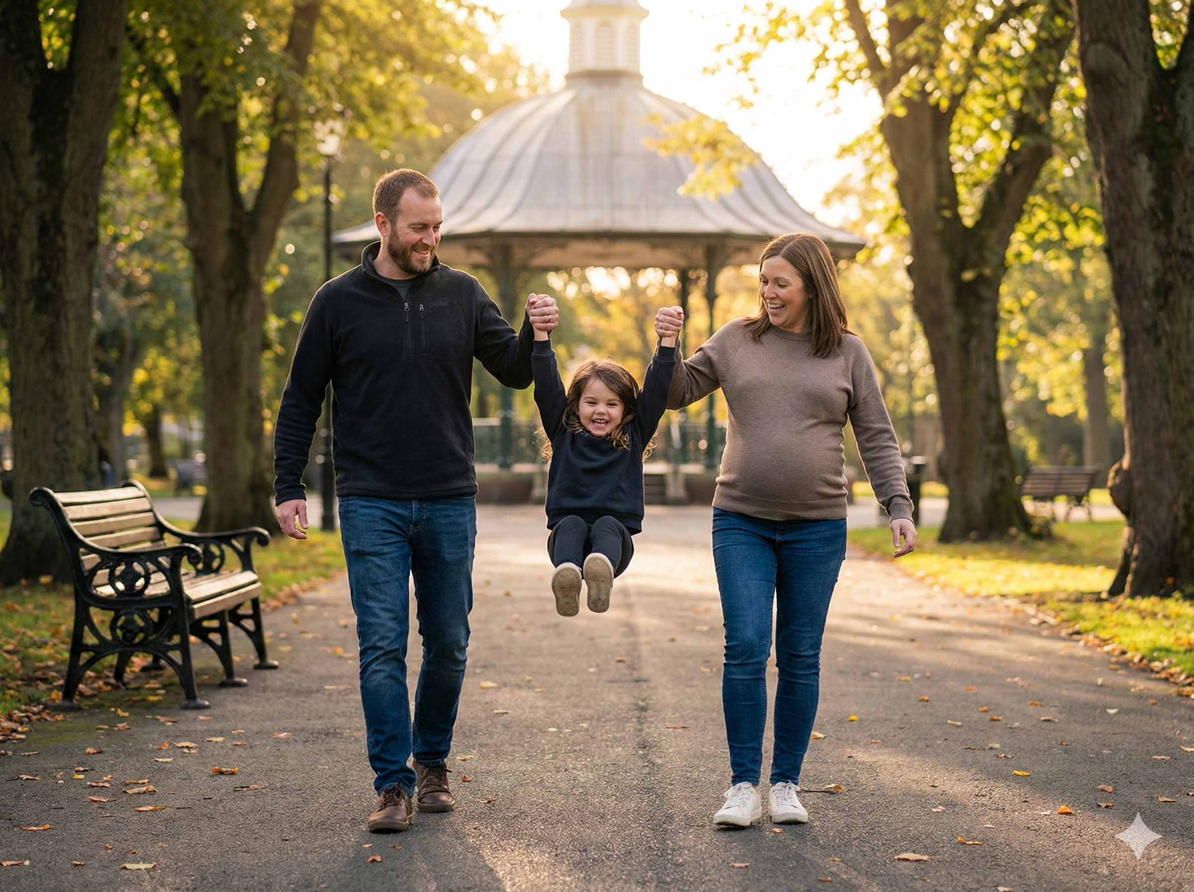A family of three, two adults and a young girl, are walking in a park during fall. The girl is being lifted off the ground by her parents, holding her hands, with all three smiling and enjoying the moment. There are trees with green and yellow leaves and a gazebo in the background.
