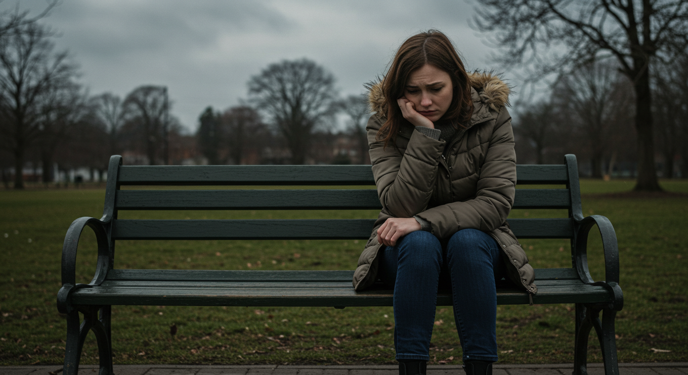 A young woman sitting alone on a park bench on a cloudy day, looking depressed.