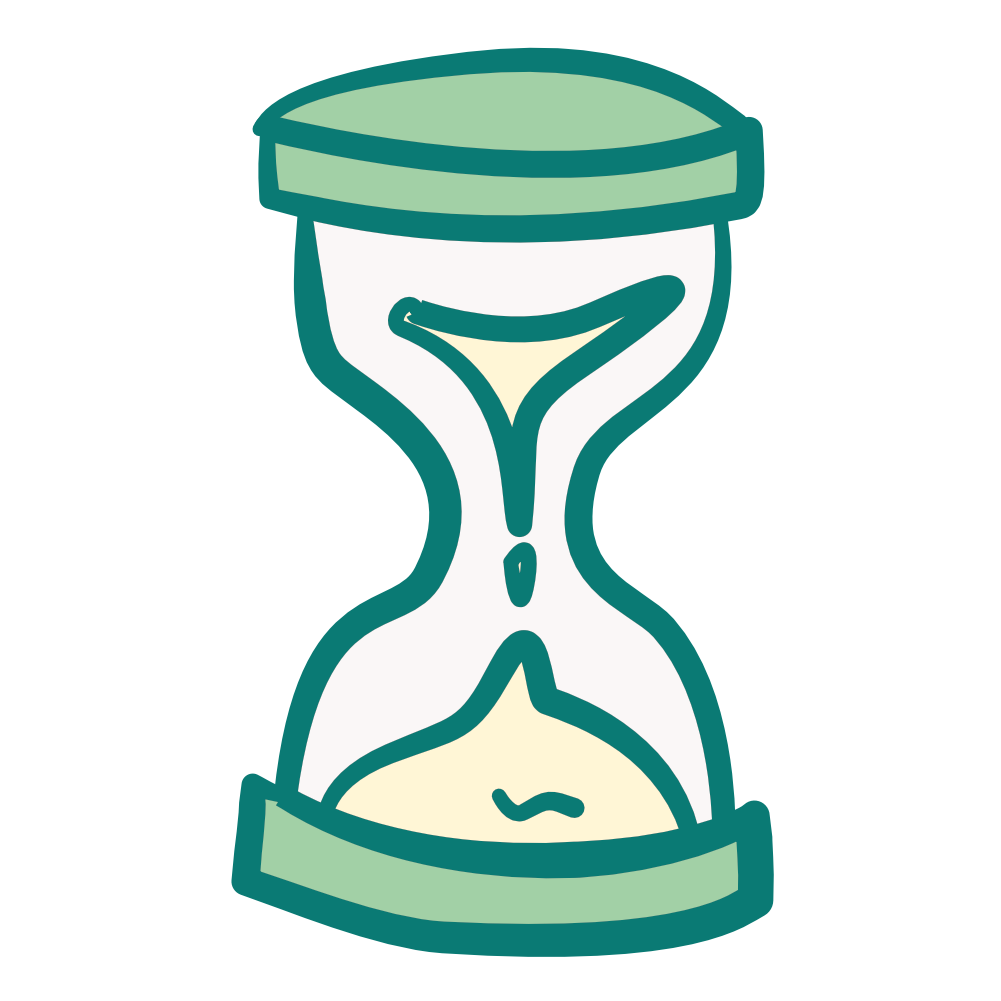A cartoon illustration of an hourglass with sand flowing from the top compartment to the bottom.
