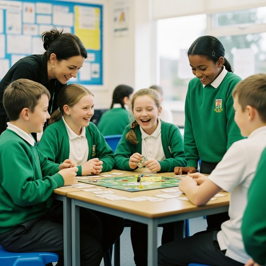 Six children in green school uniforms and a female teacher playing a board game around a table in a classroom, all smiling and engaging happily.