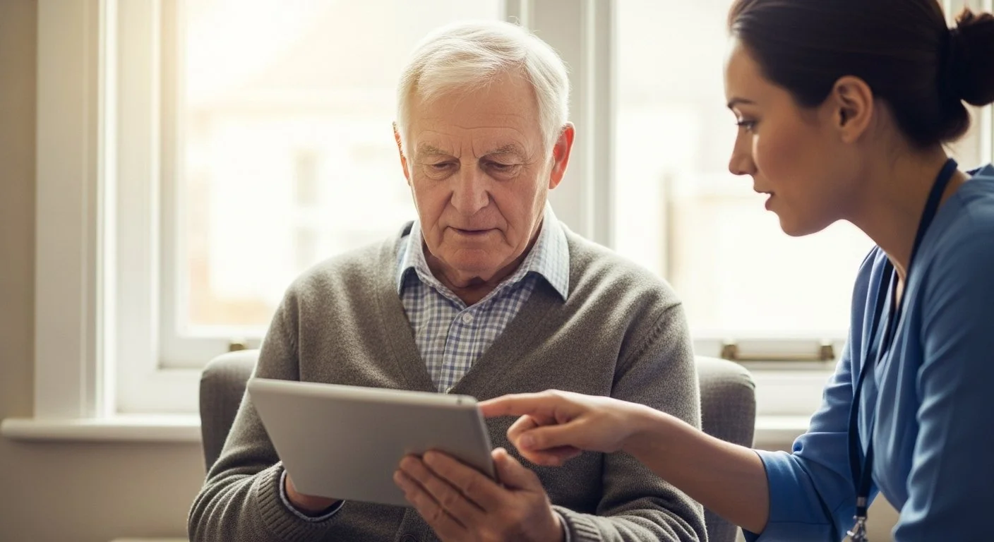 A woman healthcare professional explaining information on a tablet to an elderly man during a consultation.