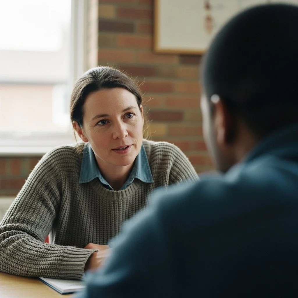 A woman talking to a man in a conversation, sitting at a table in a room with a brick wall background and a window.