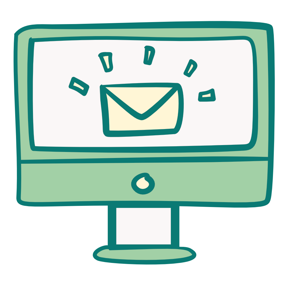 Computer monitor displaying an email icon with sound lines indicating notification.