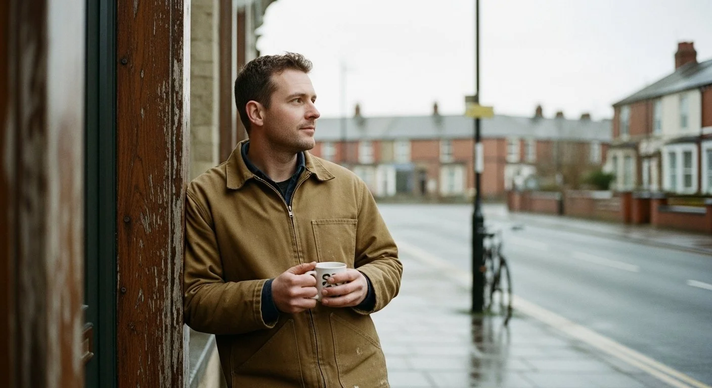 A man with short dark hair and light skin leaning against a brick building while holding a coffee mug, looking thoughtfully into the distance on a cloudy day.