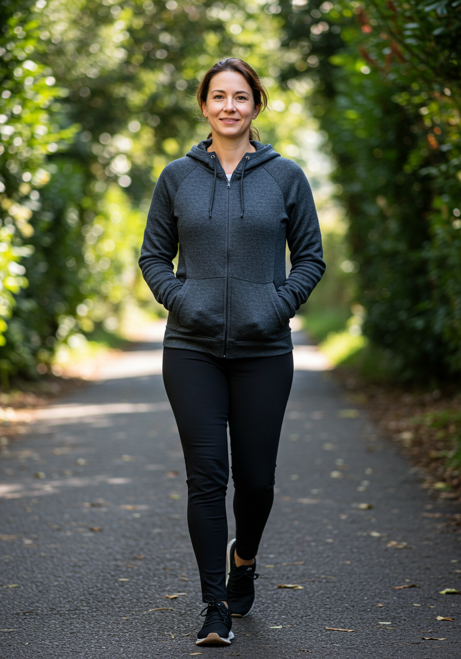 Woman in a dark hoodie and black leggings jogging on a tree-lined path in a park.