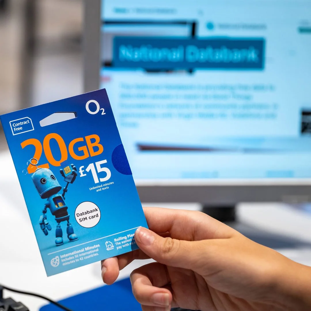 O2 Sim card with the Good Things Foundation website with text 'National Databank'.