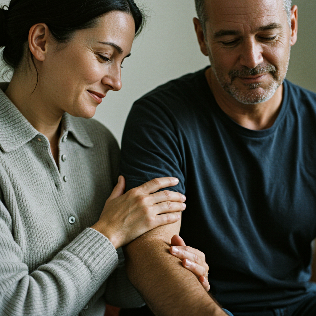 A woman helping an older man with his arm, possibly a medical check-up or support scene.