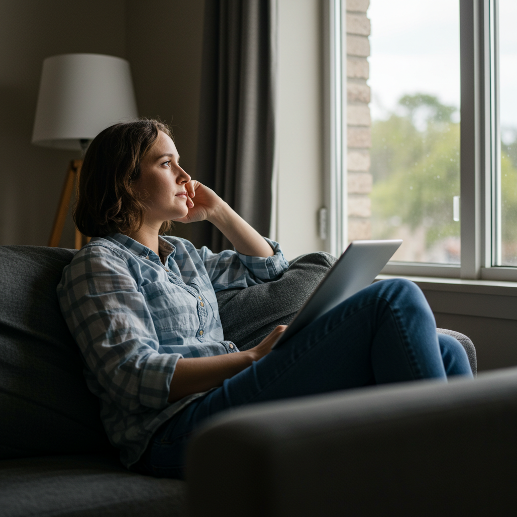 A woman sitting on a couch in a living room, looking out of a window while holding a tablet.