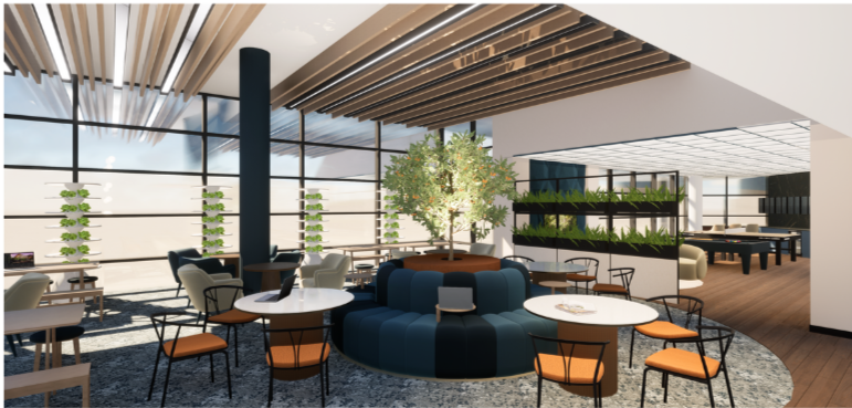 Modern indoor lounge with large windows, seating area with white and black chairs around small tables, a circular blue upholstered seating area with a tree in the center, wooden ceiling accents, and a view of a billiards table in the background.