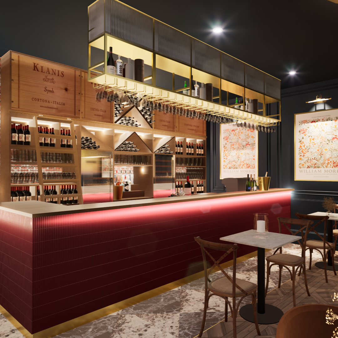 Elegant bar with a red tiled counter, wine bottles on shelves, hanging wine glasses, and two illuminated art prints on dark blue walls.