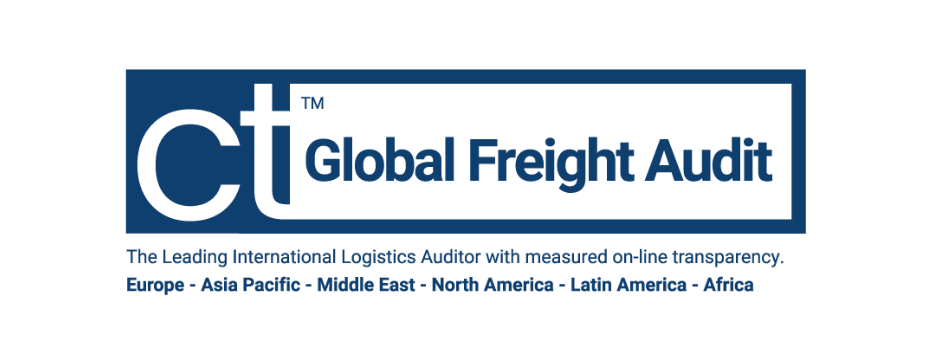 Logo for CT Global Freight Audit with the tagline 'The Leading International Logistics Auditor with measured on-line transparency' and regions listed including Europe, Asia Pacific, Middle East, North America, Latin America, and Africa.