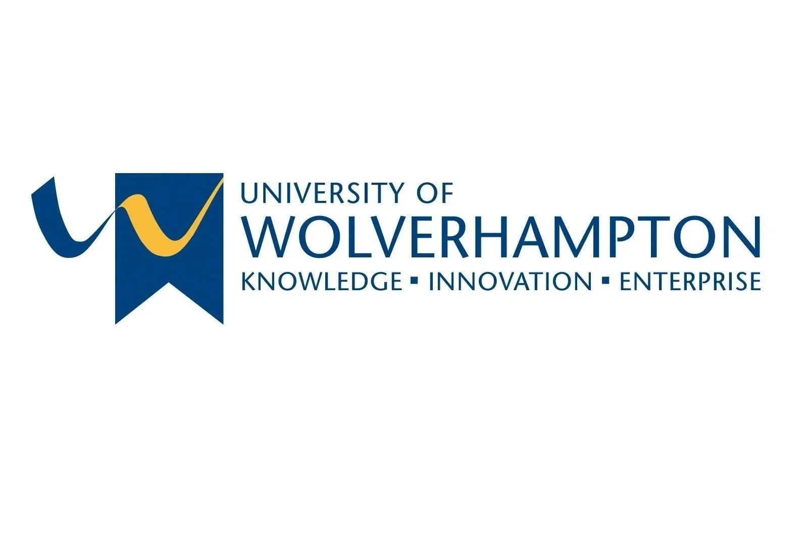 University of Wolverhampton logo with a stylized 'W' in blue and gold, and the text 'University of Wolverhampton' with the words 'Knowledge, Innovation, Enterprise' beneath.
