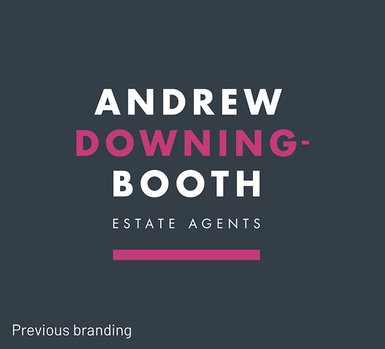 Business card for Andrew Downing-Booth, estate agent, with a dark gray background, white and pink text, and a pink line underneath the name.
