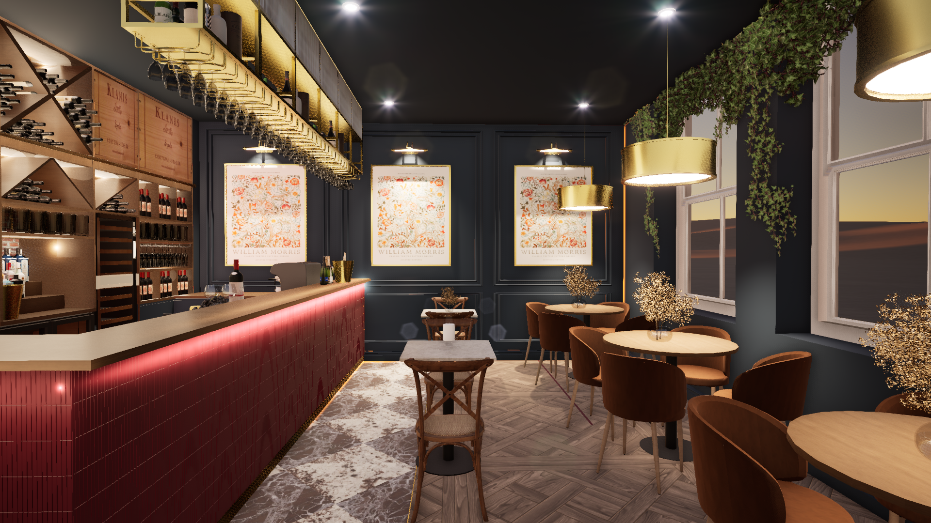 Elegant bar and dining area with dark walls, gold accents, and large windows showing sunset sky, decorated with framed floral art and plants.