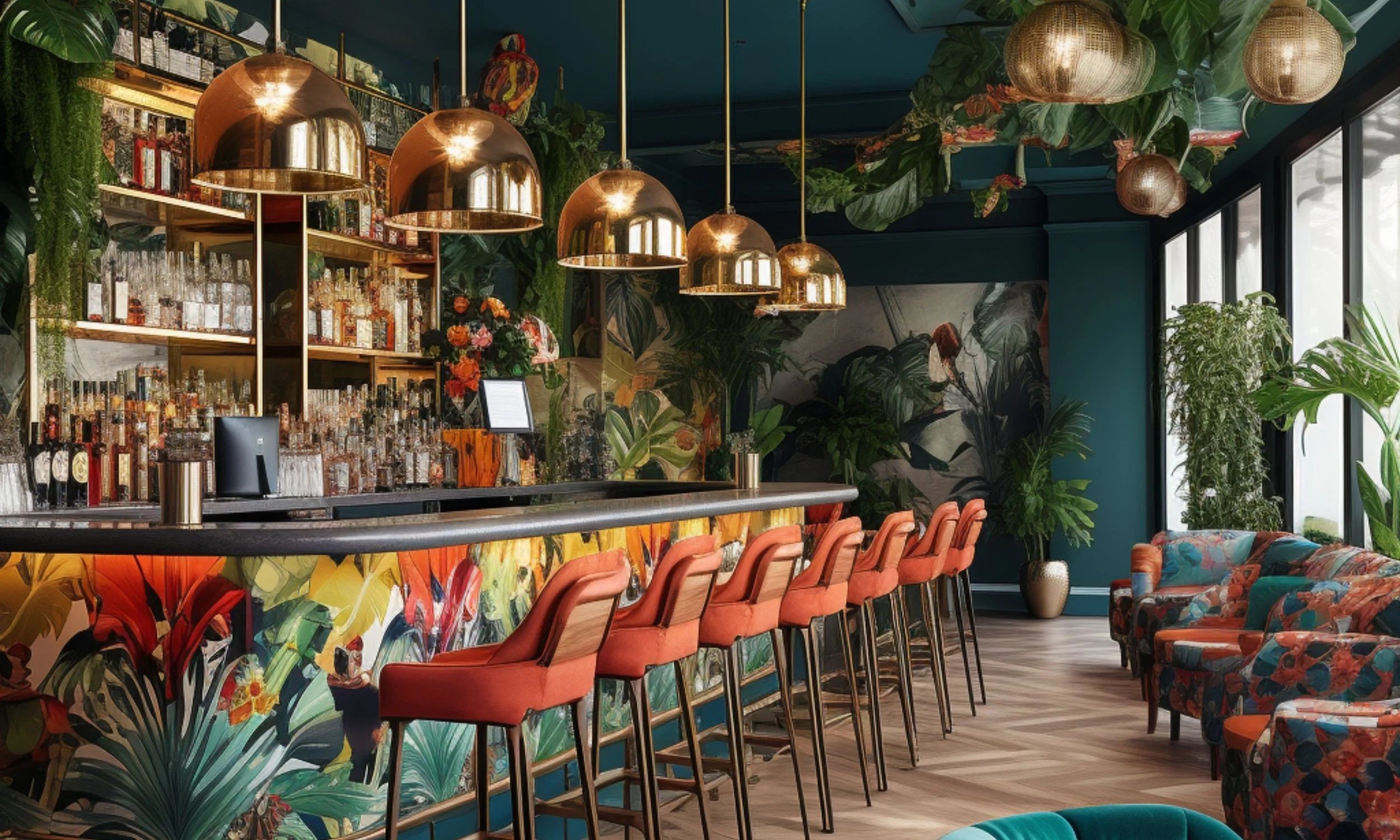 Interior of a vibrant, modern bar with a floral-themed bar front, green plants, and colorful seating. Hanging golden pendant lights and large windows.