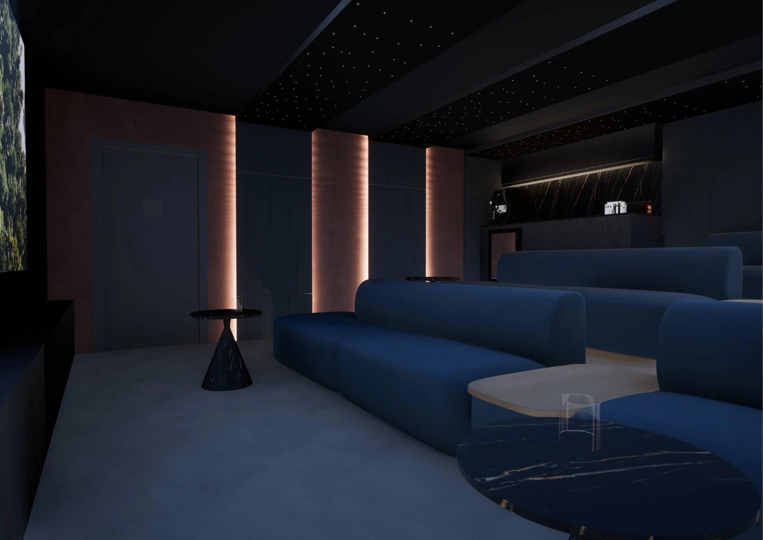A dark, modern lounge area with navy blue seating and black marble tables, illuminated by subtle accent lighting on textured walls and a starry ceiling.