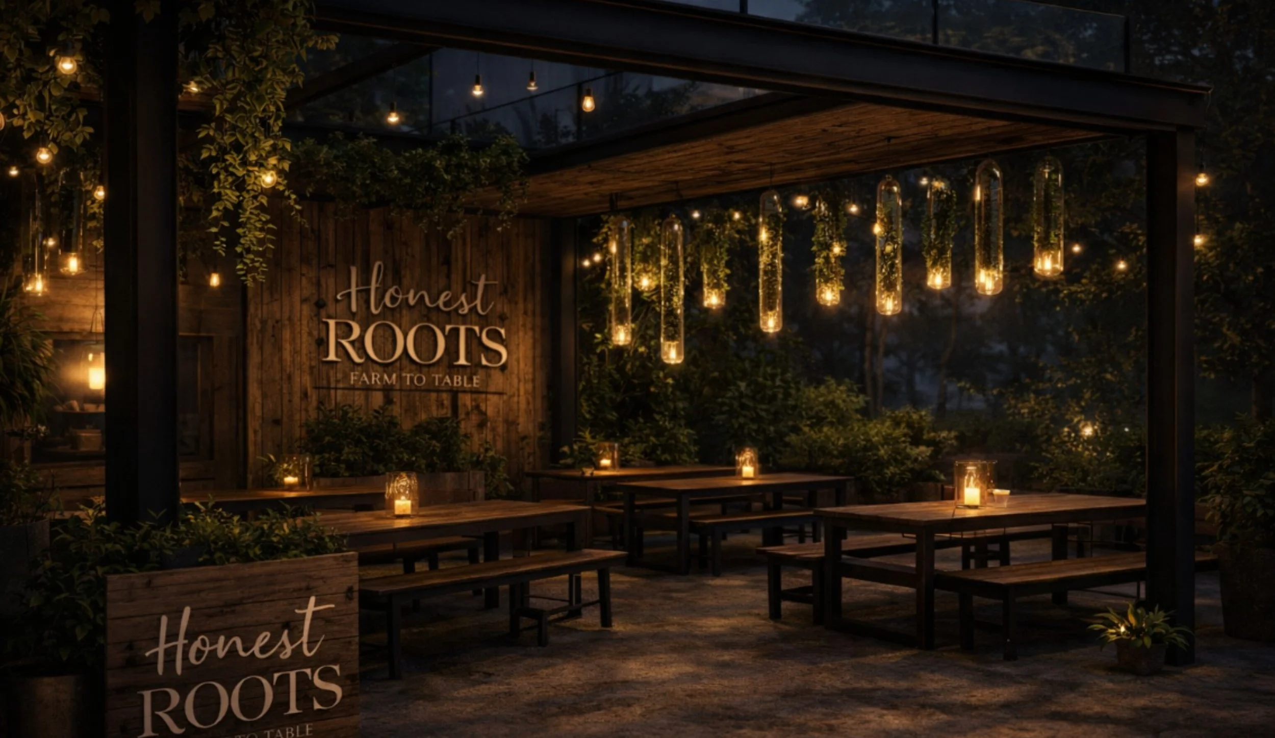 Night outdoor dining area with wooden tables, benches, hanging glass lights, candles, plants, and a wooden wall with the sign "Honest Roots Farm to Table."