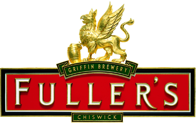 Sign for Fuller's Griffin Brewery in Chiswick, featuring a golden griffin statue holding a beer mug.