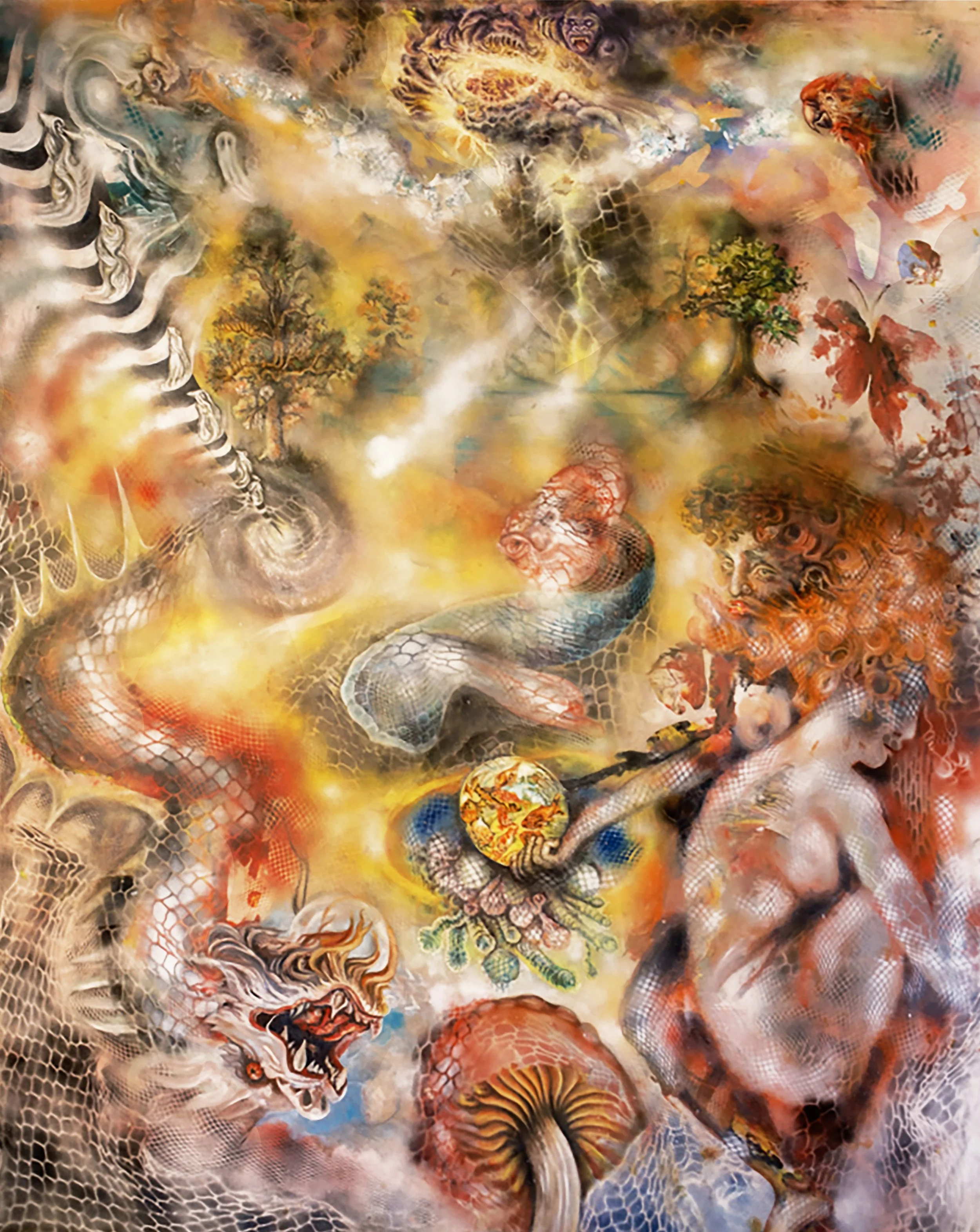 Mitosis

2025 / Acrylic Ink Oil and Mixed Media on Canvas / 190 x 270 cm

“Mitosis” translates the hallucinatory spirit of Brandy Butler’s LSD-inspired opera into a visual language of metamorphosis. It visualises the moment where inner and outer worl