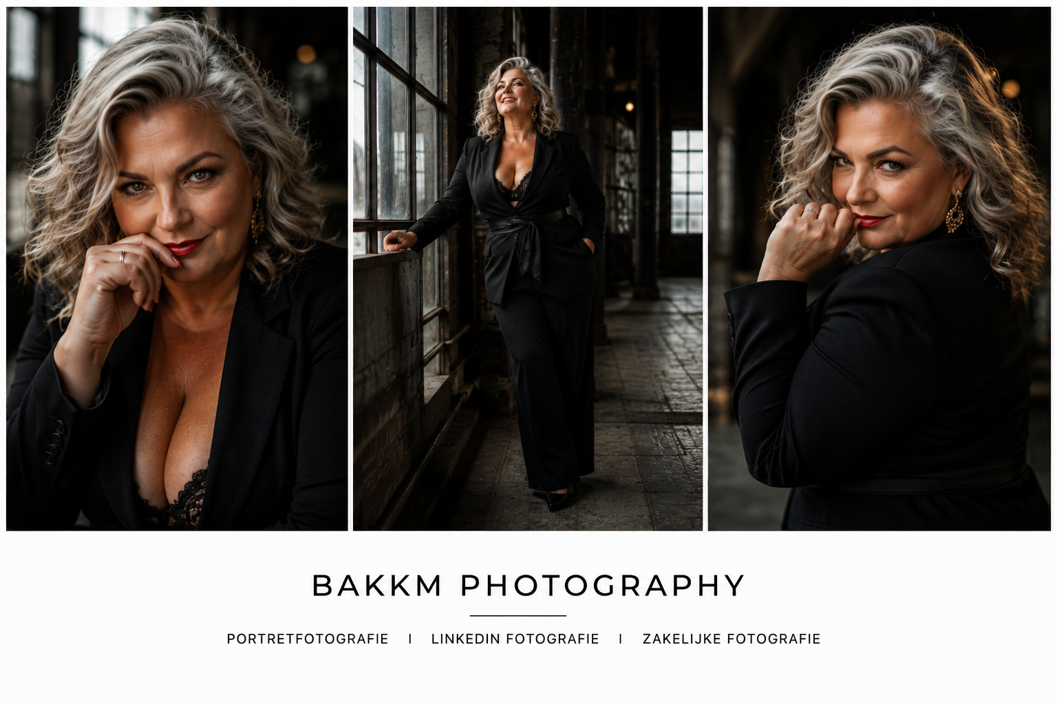 A collage of three portrait photos of a confident middle-aged woman with gray, curly hair, wearing a black blazer and black pants, in a dimly lit industrial-style setting with large windows.