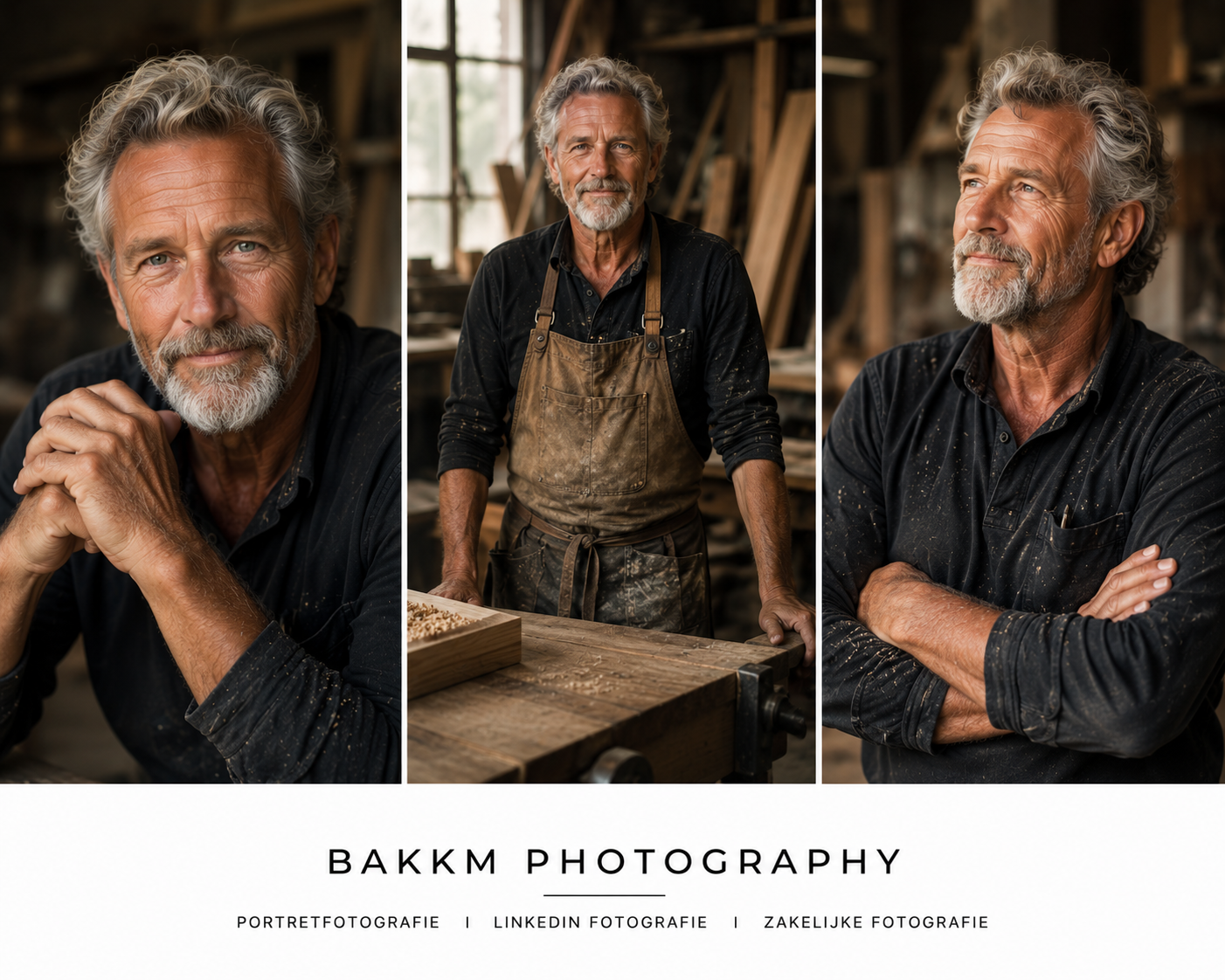 Drie portretfoto's van een oudere man met grijs haar en een baard, in een werkplaats, voor BAKKM PHOTOGRAPHY, met teksten over portretfotografie en zakelijke fotografie.
