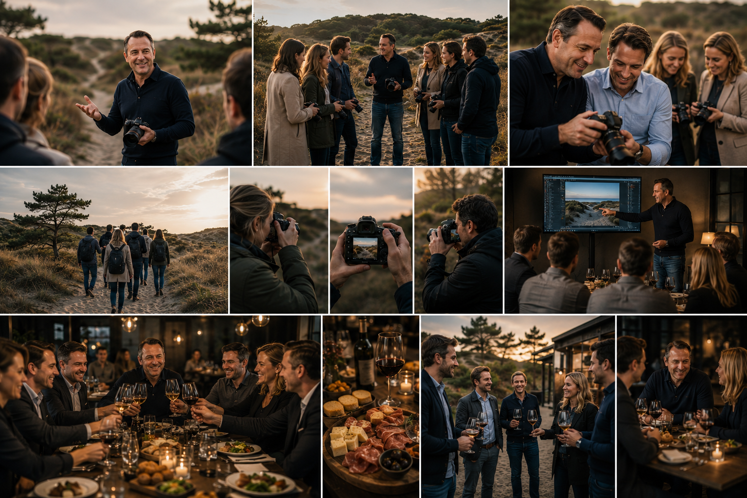 Een groep mensen die een fotoshoot doen in een natuurlijke omgeving tijdens de zonsondergang, met een fotograaf die foto's maakt, en een scène van een diner met vrienden met wijn en borrelhapjes in een gezellige, warme setting.