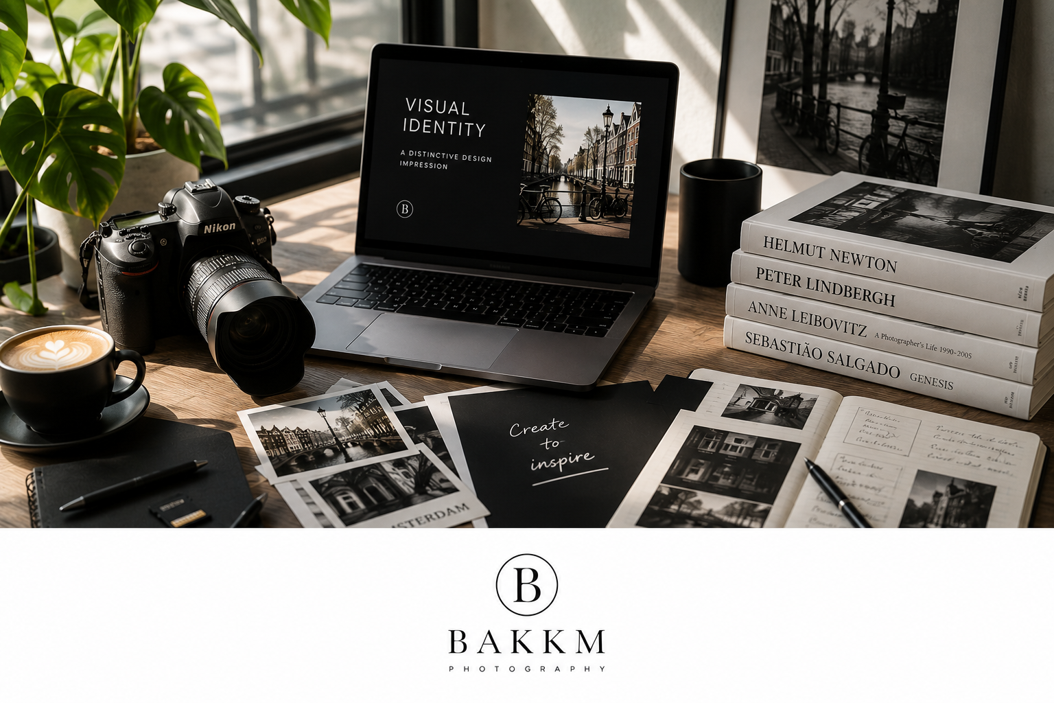 A photography workspace with a Nikon camera, a laptop displaying 'Visual Identity', a cup of coffee with latte art, printed photographs, notebooks, books, a pen, a black notepad, and framed black-and-white photographs on a wooden desk near a window.