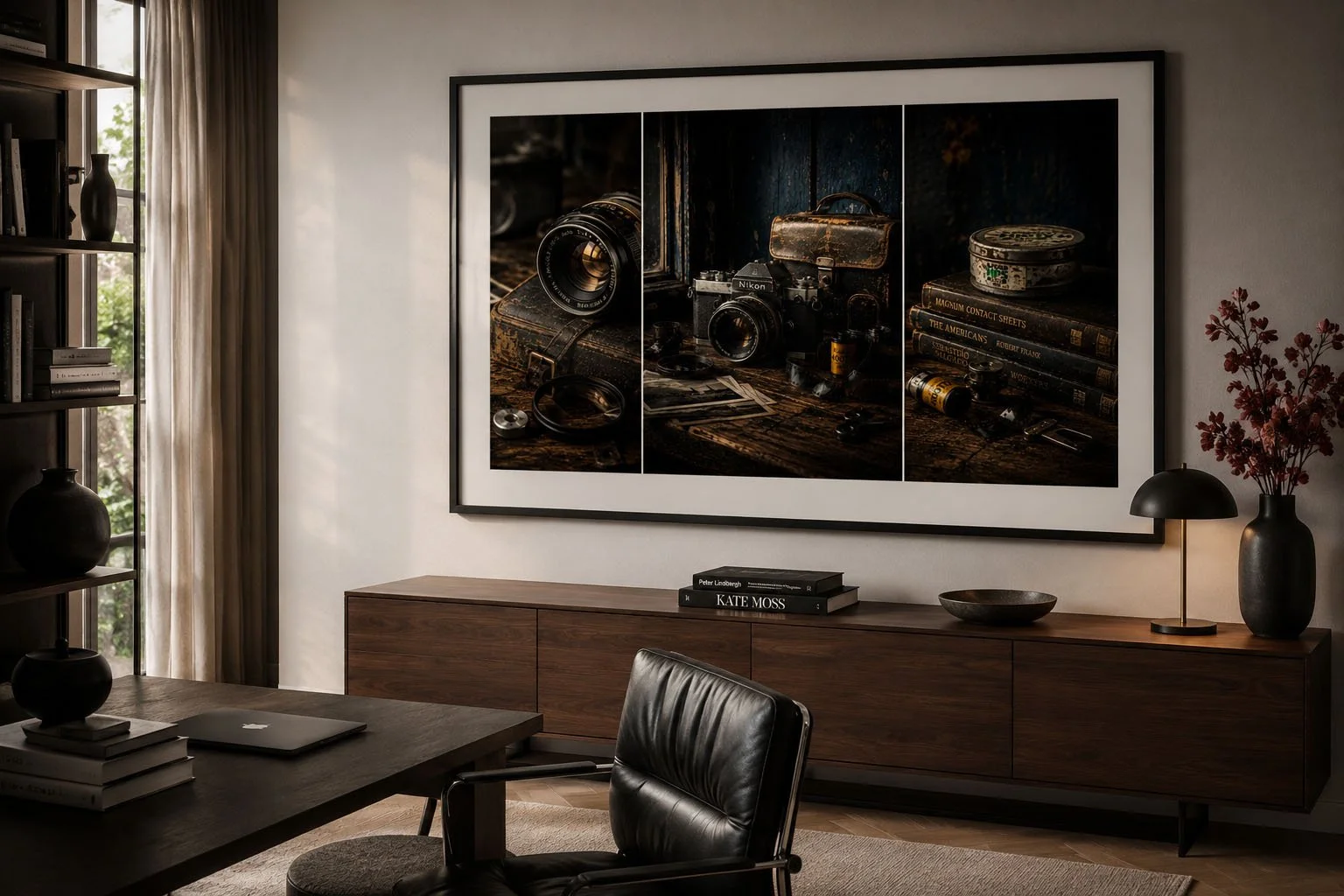 A framed photograph of vintage camera equipment, including a camera, lenses, film rolls, and books, hangs on a white wall in a modern home office or living room. The room features a wooden sideboard, a black leather chair, and a table with decorative vases and books.