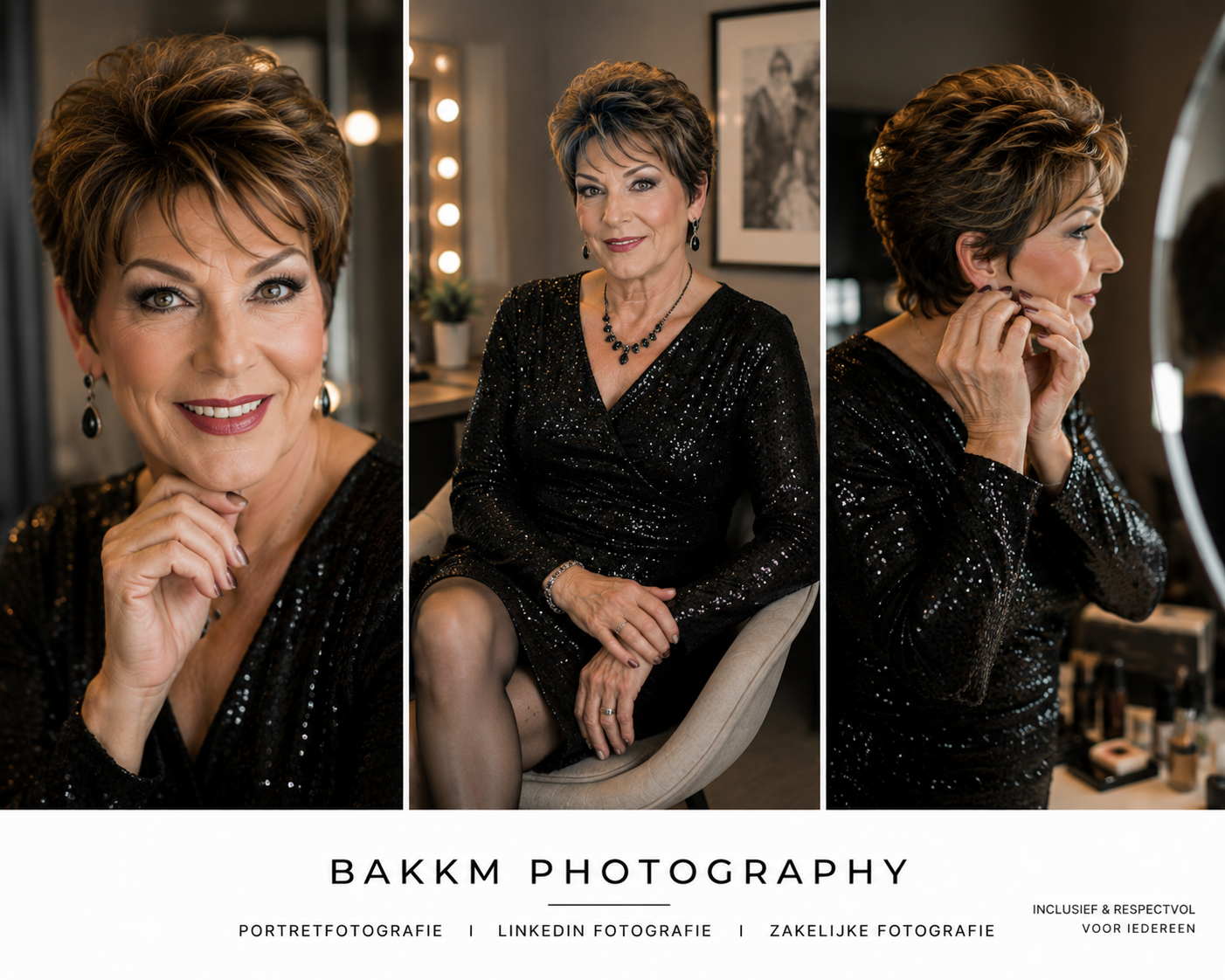 Mevrouw die zich voorbereidt voor een fotoshoot, zittend in een stoel met make-up en sieraden, in een salon met spiegel en make-up producten.