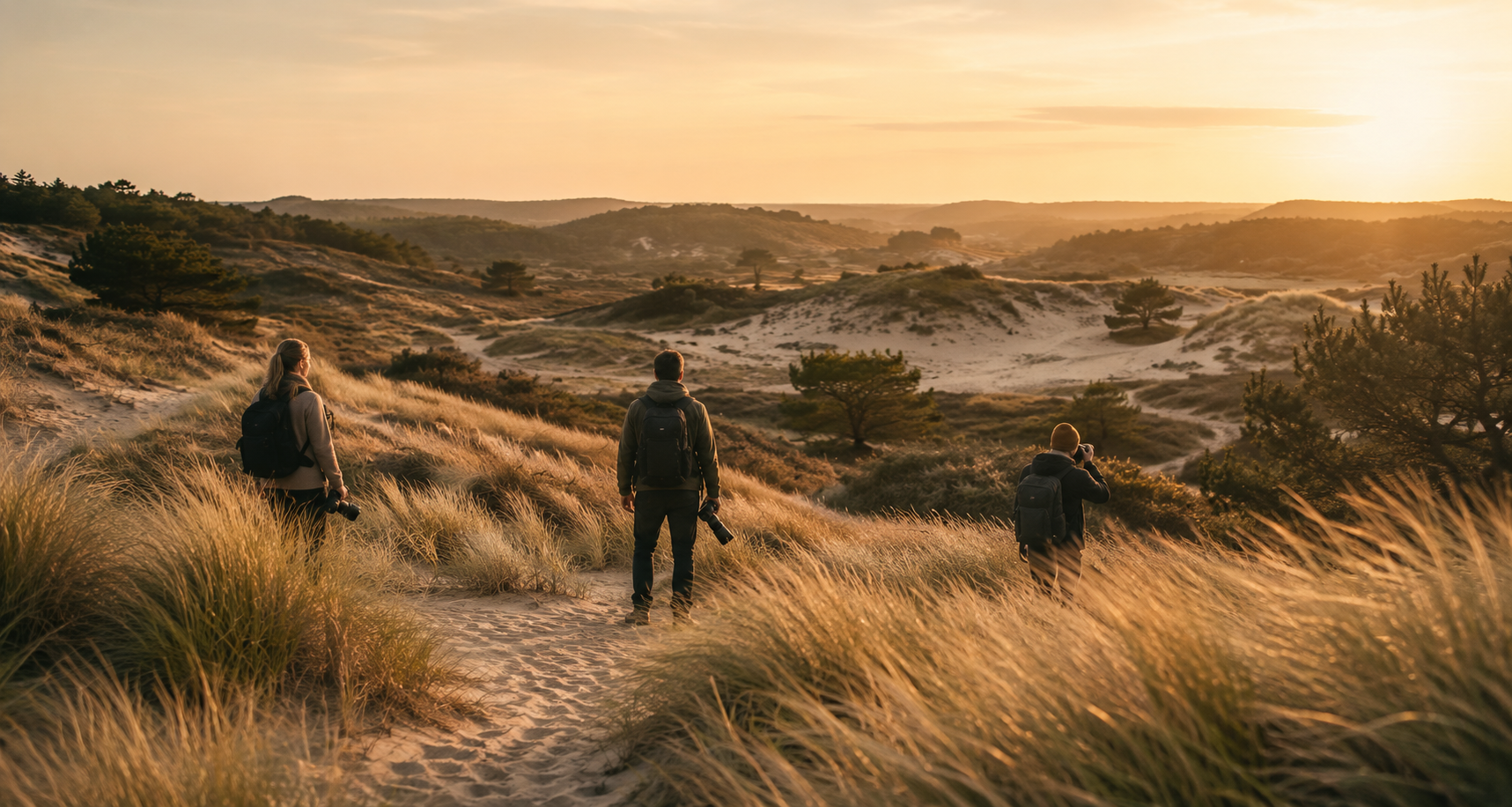 Three people with backpacks and cameras walking through sand dunes and tall grass at sunset in a scenic landscape