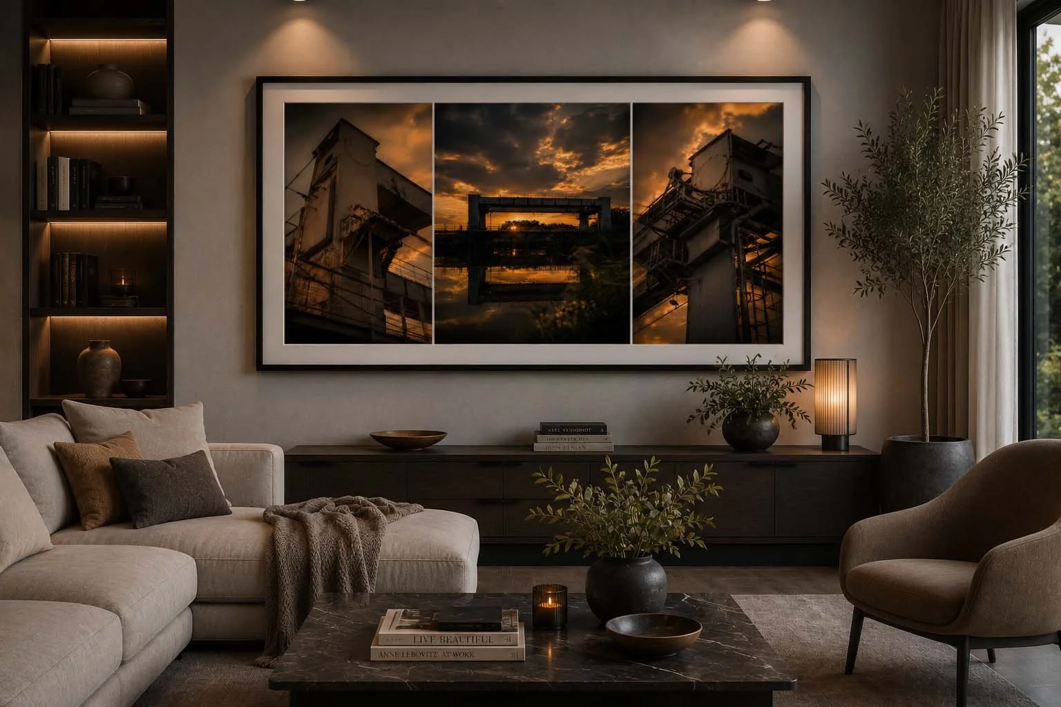 A modern living room with a large framed photograph of an industrial building at sunset, dark furniture, a beige sofa with pillows, a marble coffee table with books, a potted plant, and a large window with curtains.