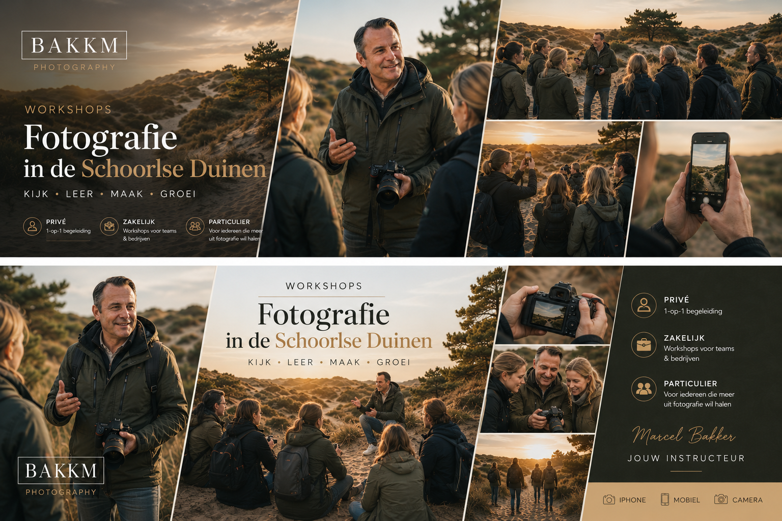 Een promotieposter voor een fotografie workshop in de Schoorlse Duinen met afbeeldingen van een groep fotografen die de natuur fotograferen tijdens zonsondergang en instructies voor deelnemers.