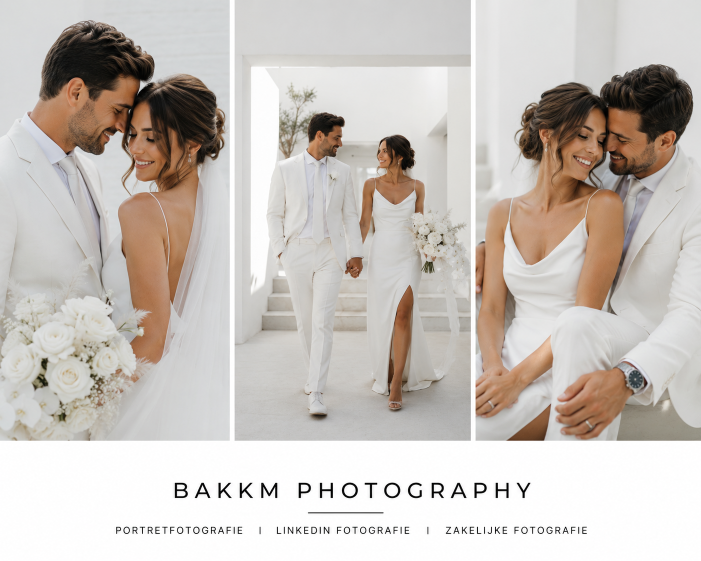 Een collage van drie foto's van een bruiloft met een man en vrouw in witte trouwkleding die samen lachen en knuffelen in een moderne, witte inrichting.