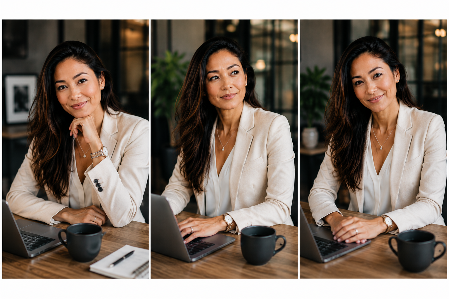 Een vrouw in een beige blazer en witte blouse zit achter een bureau met een laptop, een zwarte mok en een notitieboekje met pen, in een kantoor of koffiehuis.