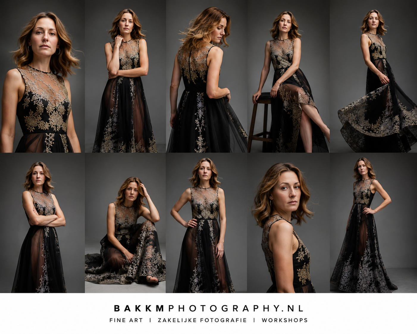 Portretfoto van een vrouw met golvend bruin haar, gevarieerde poses, in een zwart en goud jurkje met bloemenpatroon, in een fotostudio met grijze achtergrond.