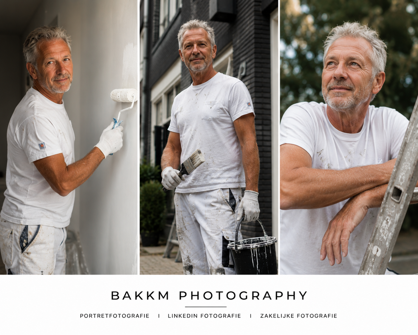 Drie foto's van een oudere man die schildert en buiten werkzaamheden uitvoert. Hij draagt witte kleren en glijdhandschoenen, en gebruikt verschillende schildermaterialen. De achtergrond toont een huis en tuin.