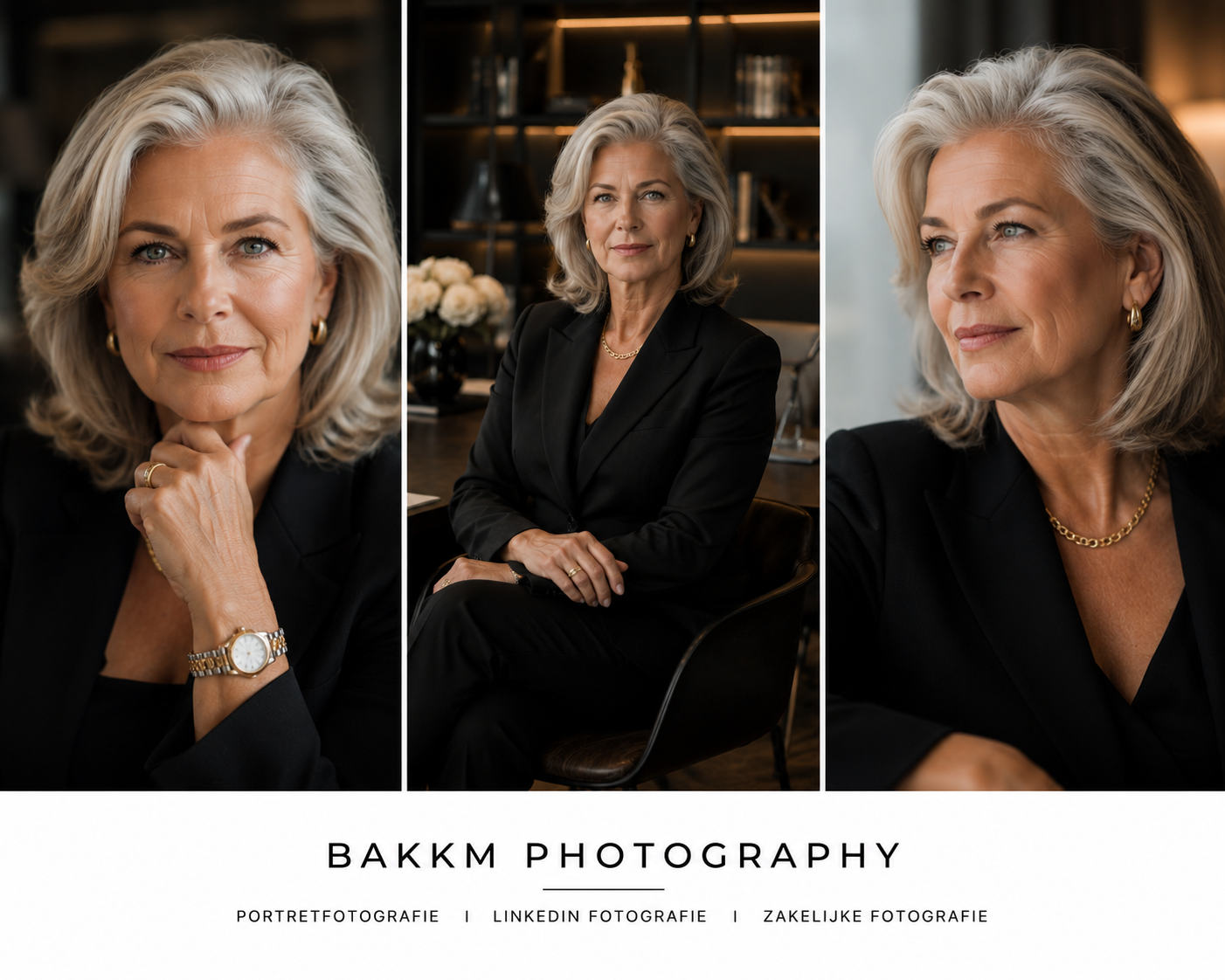 Een collage van drie portretfoto's van een oudere vrouw met grijs haar, gekleed in een zwarte pak, met sieraden zoals een horloge, oorbellen en een ketting, genomen in een moderne, elegante setting.